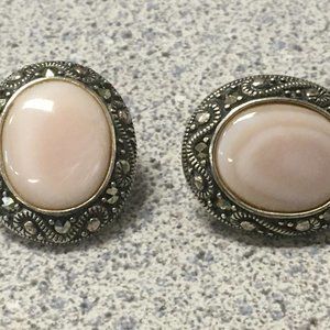 Sterling Silver and Pink Mother of Pearl with Marcasite Stud Earrings